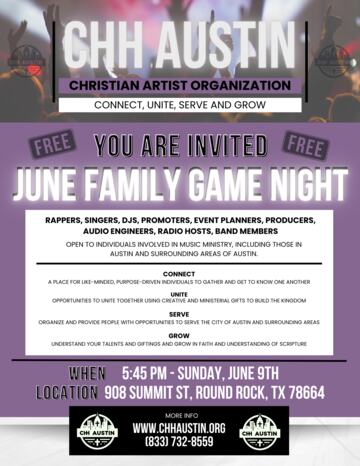 Event flyer: CHH Austin June Family Game Night